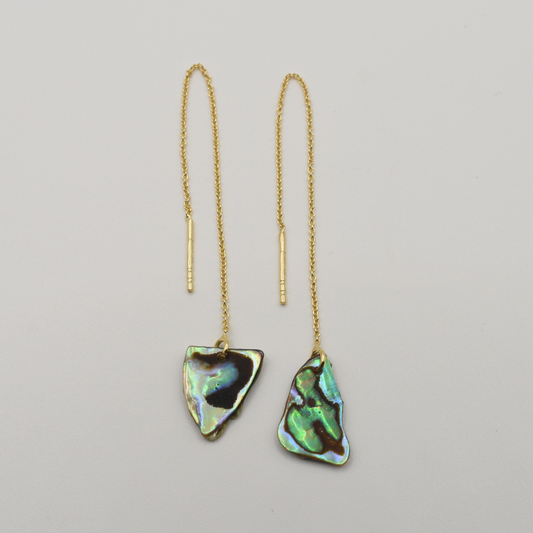 Salty Dreamers' Earrings | Paua Shell Rere feature gold threader earrings with irregular, iridescent New Zealand paua shell pendants, shown on a plain white background.