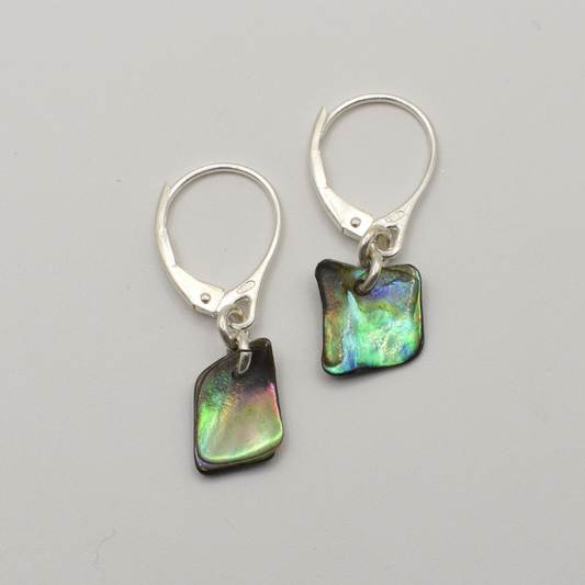 Salty Dreamers’ Earrings | Paua Shell Toroa are handmade 925 silver earrings featuring small, irregular paua shell charms with green, blue, and purple hues, shown against a plain light gray background.