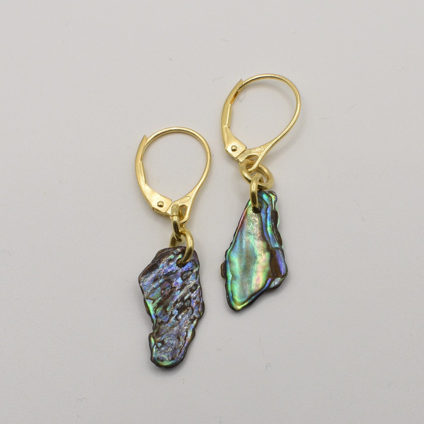 Salty Dreamers' Paua Shell Moana Earrings feature gold lever-back hooks and iridescent, irregular abalone shell dangles, displayed on a plain white background.