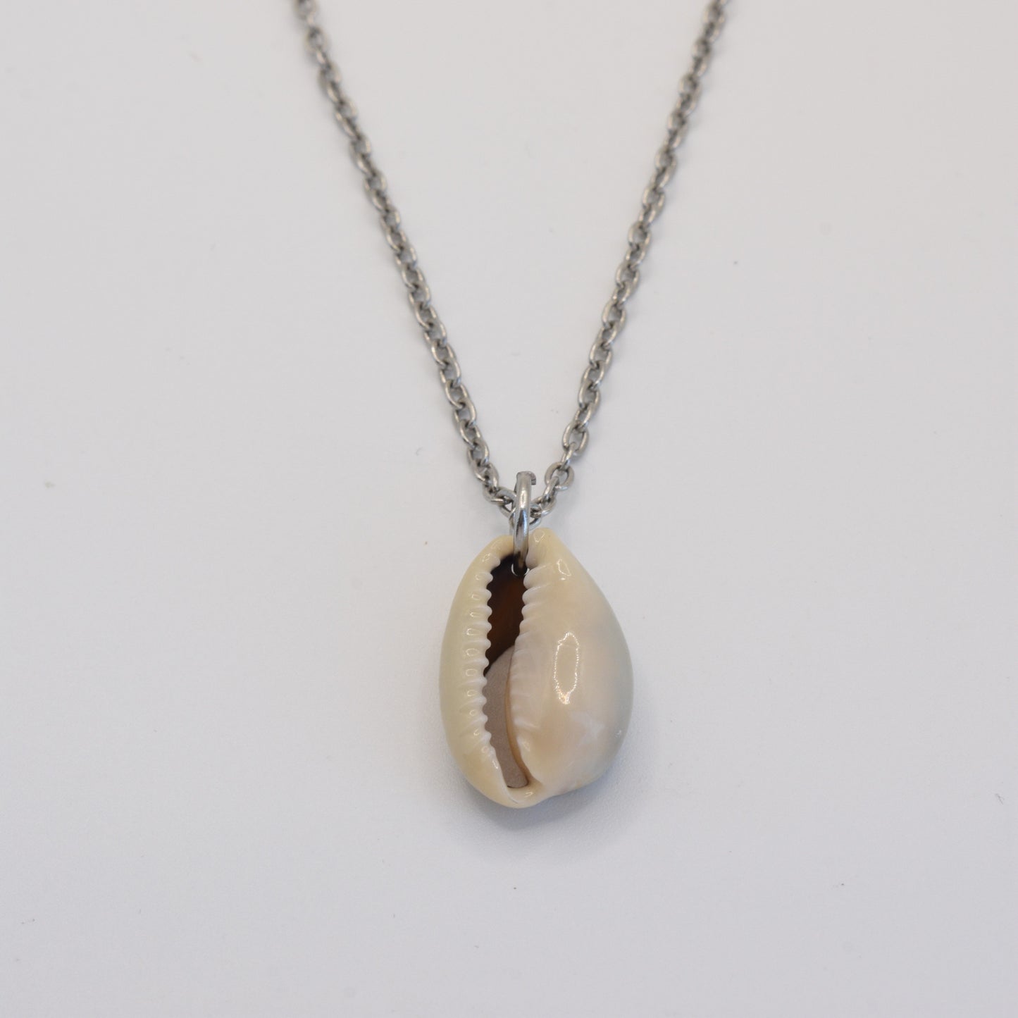 The Salty Dreamers Necklace | Simplified Cowrie Silver is a handmade silver chain necklace featuring a single cream-colored cowrie pendant, shown against a plain white background.