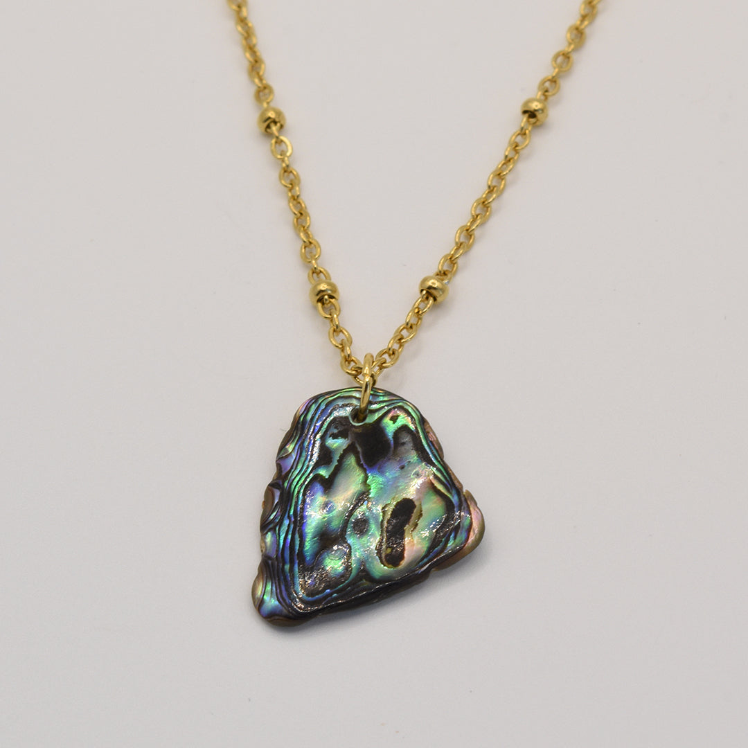 The Necklace | Paua Shell Moana by Salty Dreamers is a gold chain necklace featuring an iridescent, irregularly shaped pāua shell pendant—a striking piece of New Zealand jewelry shown on a plain white background.