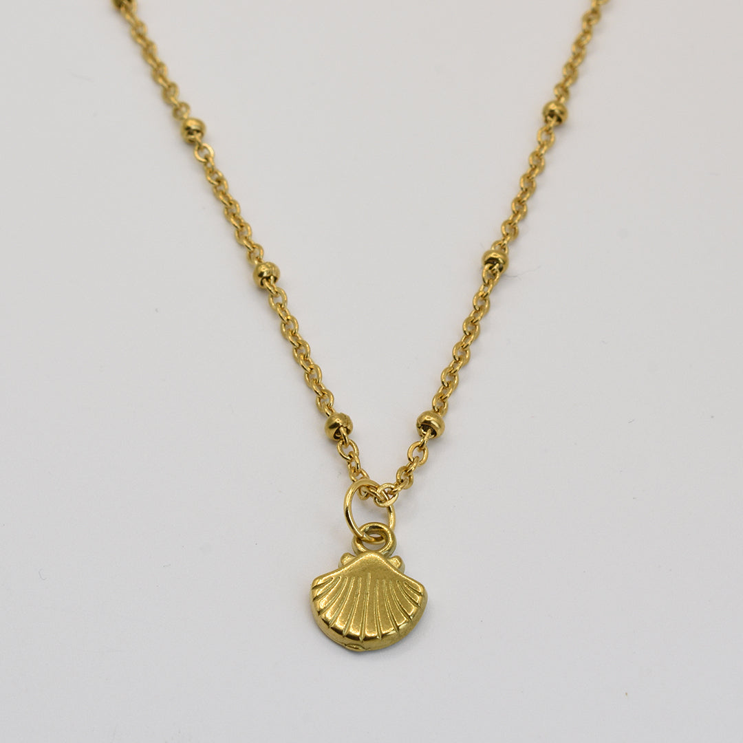 The Little Sunshine Necklace by Salty Dreamers features a gold chain with small beads and a scallop shell pendant, embodying the ocean spirit. Handmade jewelry, shown against a plain white background.