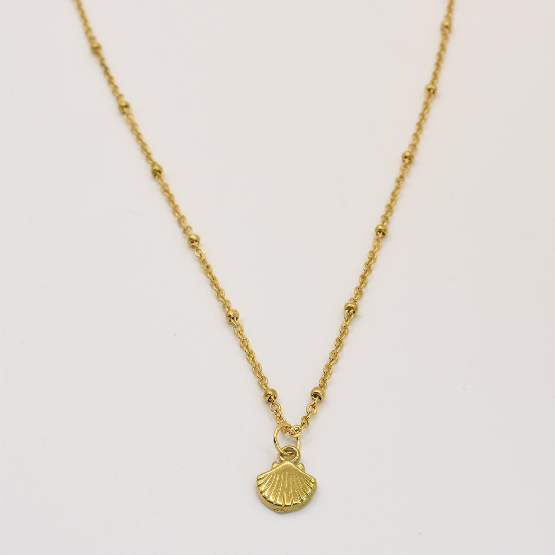 The Necklace | Little Sunshine by Salty Dreamers features a delicate gold chain with bead accents and a small gold seashell pendant, displayed on a plain white background—a perfect piece of handmade jewelry.