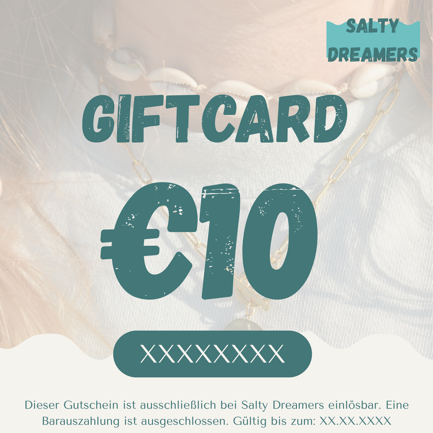 Gift card with €10 value and 'Salty Dreamers' branding on a light background