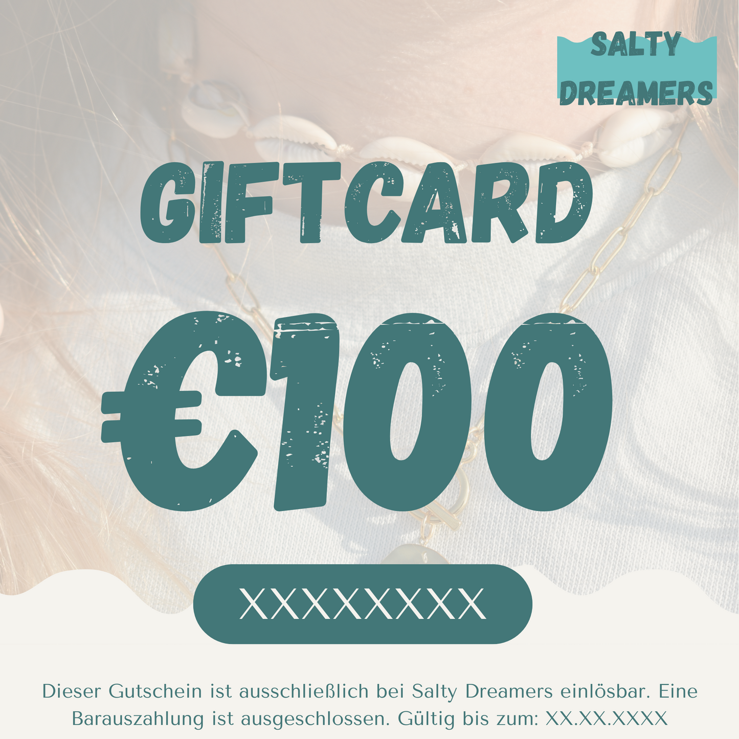 Gift card with €100 value and 'Salty Dreamers' branding on a beach background