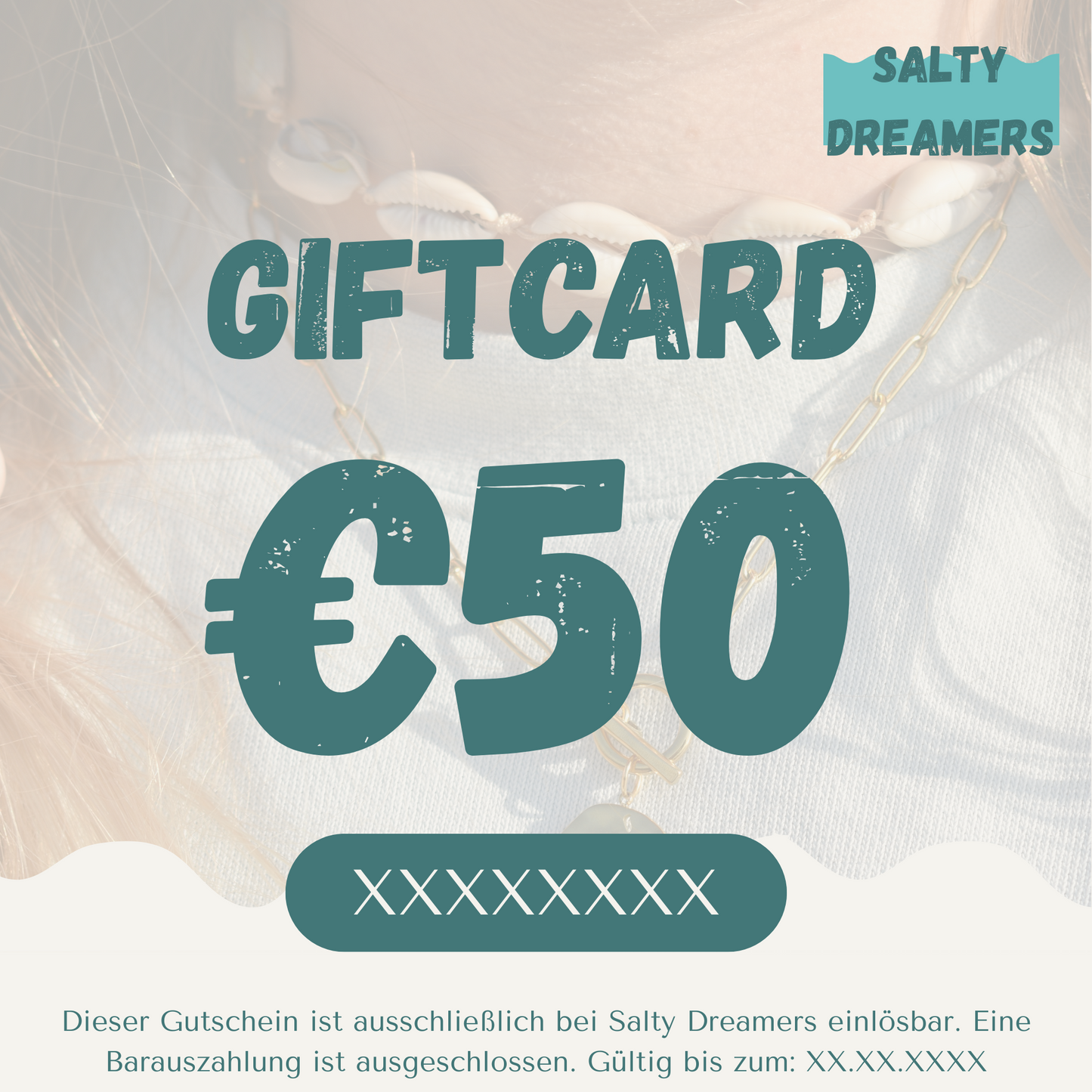 Gift card with €50 value and 'Salty Dreamers' branding on a textured background.