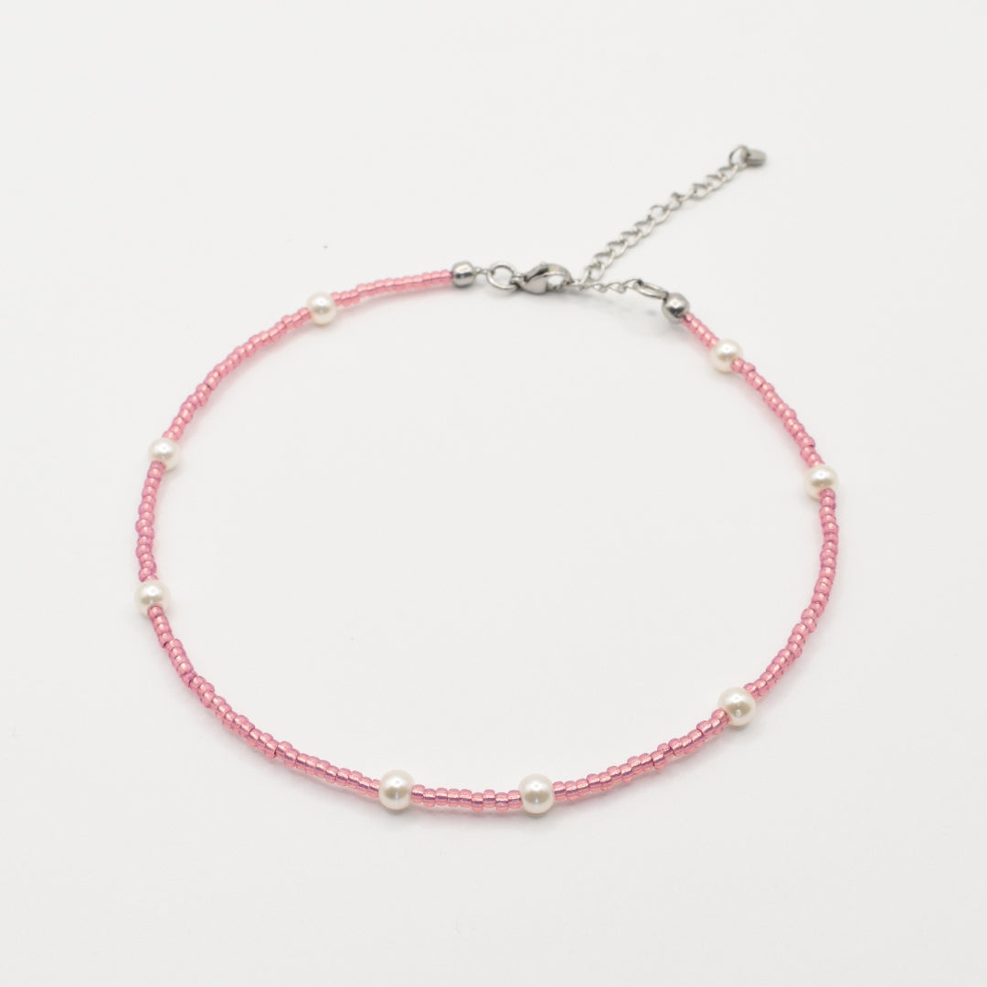 Fußkettchen | Pink Pearl mit Glasperlen aus Edelstahl in Silber