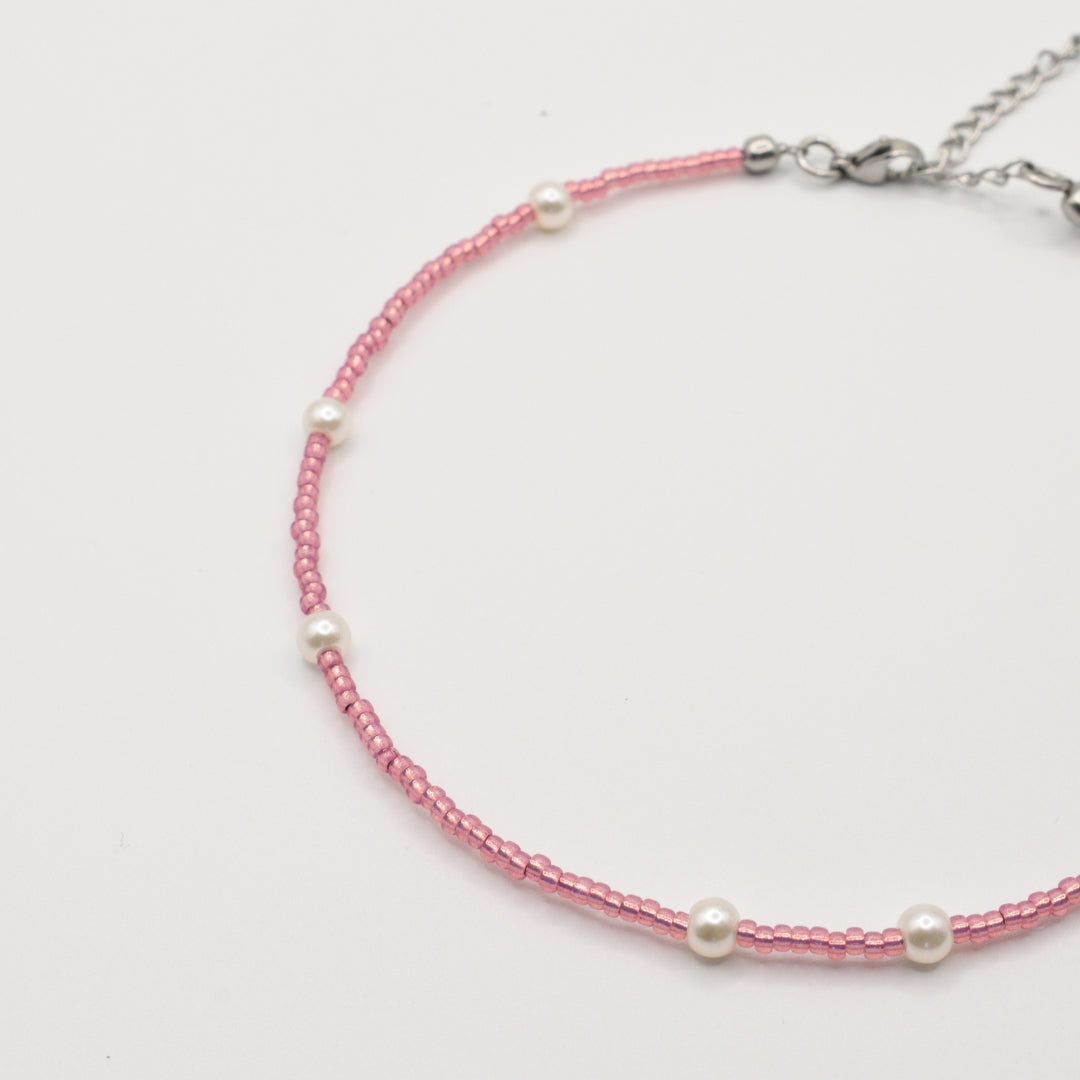 Fußkettchen | Pink Pearl mit Glasperlen aus Edelstahl in Silber