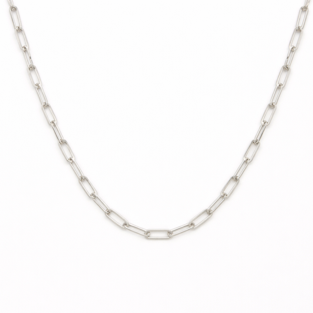 The Salty Dreamers Necklace | Create Your Own Silver features elongated rectangular links and is displayed on a plain white background, making it a stylish surfer jewelry choice.