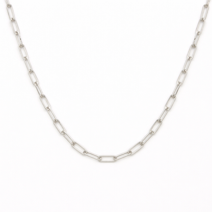 The Salty Dreamers Necklace | Create Your Own Silver features elongated rectangular links and is displayed on a plain white background, making it a stylish surfer jewelry choice.