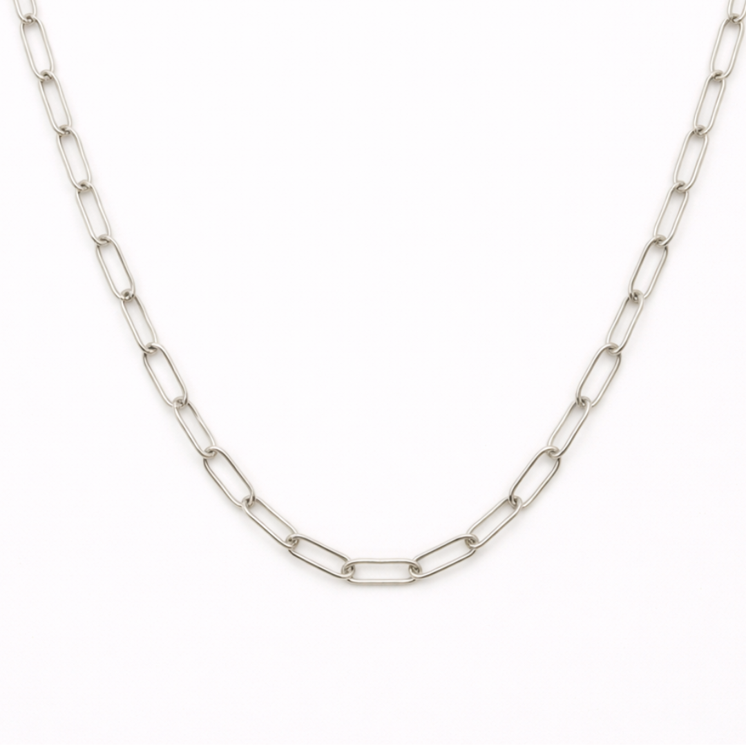 The Salty Dreamers "Necklace | Create Your Own Silver" is a handmade stainless steel piece with elongated oval links, showcased against a plain white background.