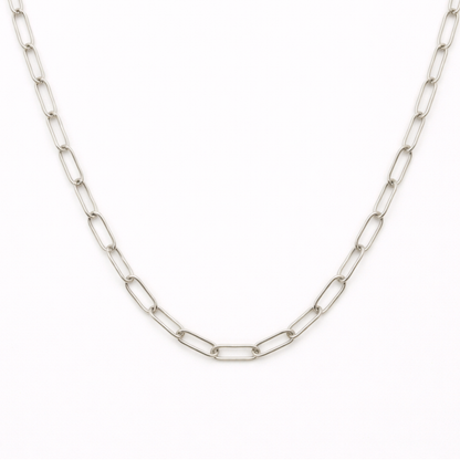 The Salty Dreamers "Necklace | Create Your Own Silver" is a handmade stainless steel piece with elongated oval links, showcased against a plain white background.