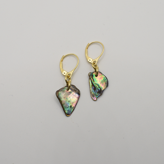 The Salty Dreamers Paua Shell Hihiri earrings feature handmade, irregularly shaped iridescent pendants and gold leverback hooks, shown against a plain white background.
