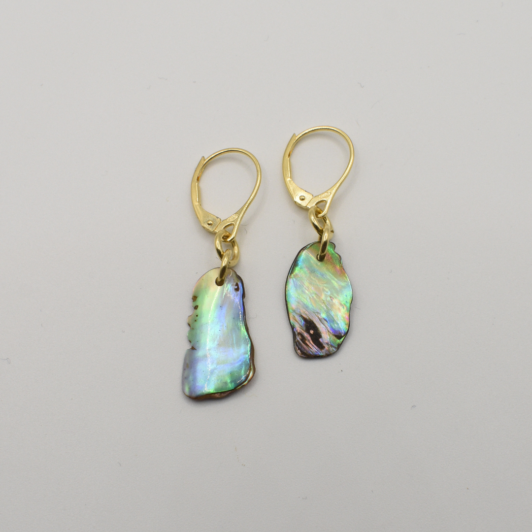 Salty Dreamers' Earrings | Paua Shell Kaha feature handmade, irregular New Zealand abalone shell pieces with gold lever-back hooks, displayed on a plain white background.