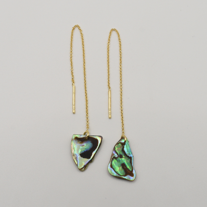 Salty Dreamers' Earrings | Paua Shell Rere feature gold threader earrings with irregular, iridescent New Zealand paua shell pendants, shown on a plain white background.