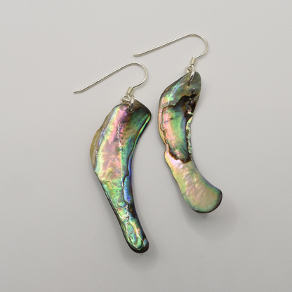 Salty Dreamers' Earrings | Paua Shell Toa feature iridescent abalone shell pieces on 925 silver hooks, shown against a plain white background.