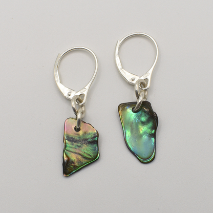 Salty Dreamers’ Earrings | Paua Shell Ra feature irregular, iridescent pāua shell pendants on silver lever-backs—ideal surfer-inspired accessories—shown against a plain light gray background.