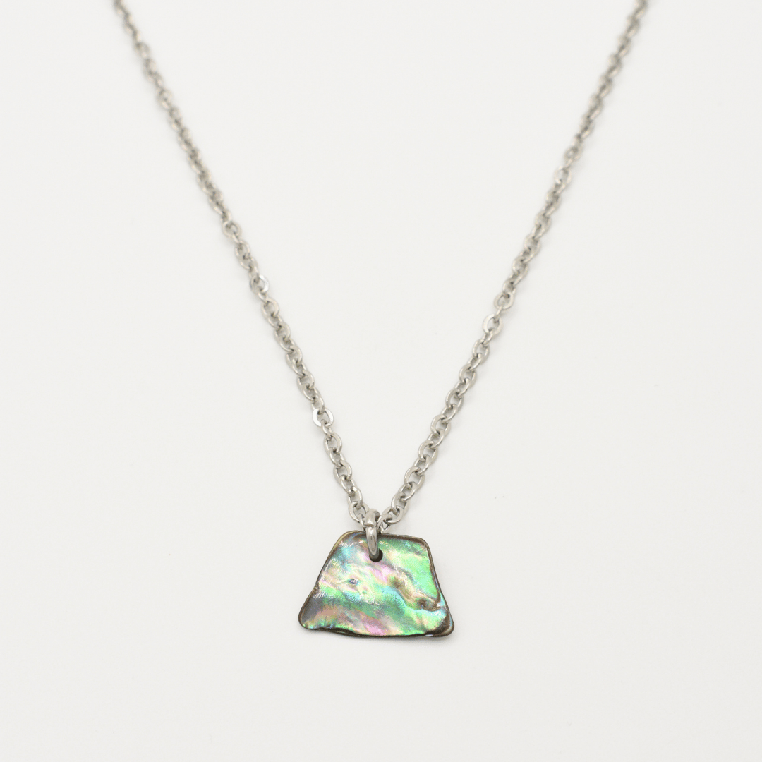 The Salty Dreamers "Necklace | Paua Shell Whenua" features a handmade silver chain with an iridescent, irregular New Zealand abalone pendant in green, purple, and blue tones, displayed against a white background.