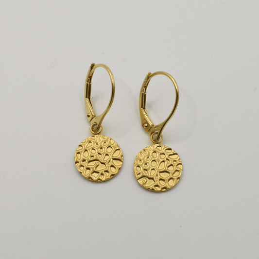 Salty Dreamers Earrings | Gold Circle: Gold plated dangle earrings with round, textured discs and lever-back closures. Lightweight and elegant, shown on a plain light gray background.