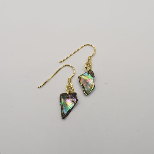 The Salty Dreamers Earrings | Paua Shell Uru feature gold-plated silver hooks and unique, iridescent pāua shell pendants, showcasing New Zealand artistry, set against a plain white background.