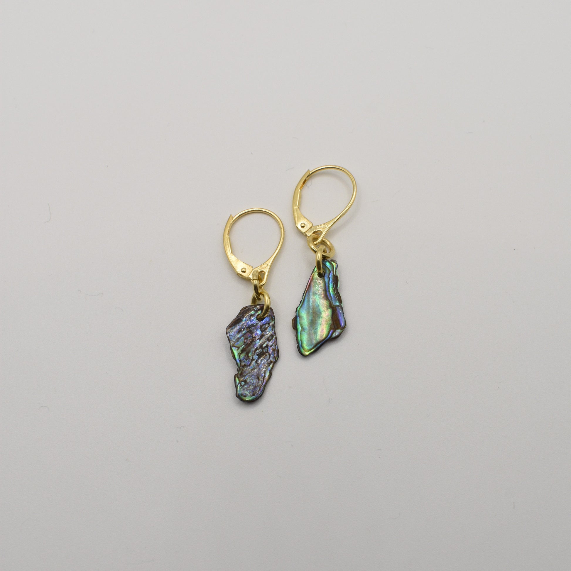 Salty Dreamers' Paua Shell Moana Earrings are handmade gold leverbacks featuring irregular iridescent abalone shell pendants, shown on a plain white background.