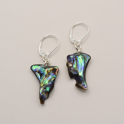 Salty Dreamers Earrings | Paua Shell Toroa feature handmade pāua shell pendants with unique iridescence and 925 silver lever-back hooks, shown on a plain light background.