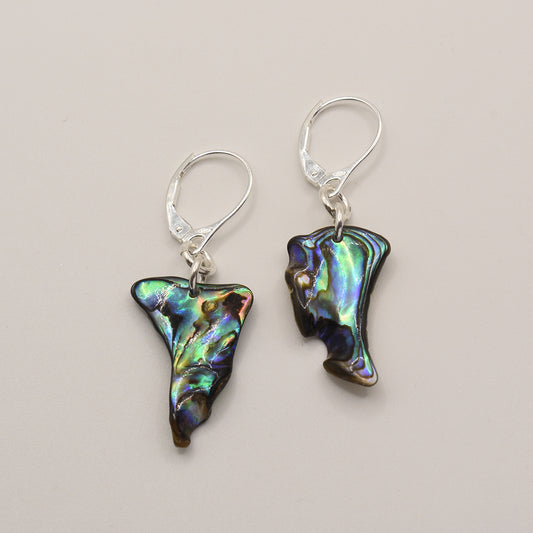 Salty Dreamers Earrings | Paua Shell Toroa feature handmade pāua shell pendants with unique iridescence and 925 silver lever-back hooks, shown on a plain light background.