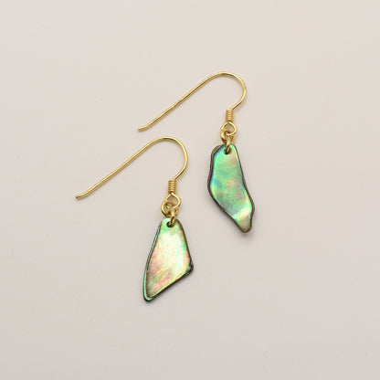 Salty Dreamers’ Earrings | Paua Shell Uru: gold hook earrings with irregular iridescent green and gold New Zealand pāua shell pendants, shown against a plain light background.