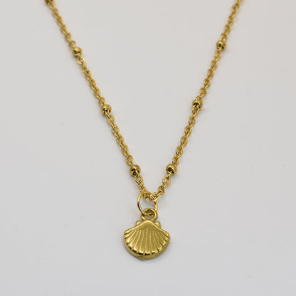 The Little Sunshine Necklace by Salty Dreamers features a gold chain with small beads and a scallop shell pendant, embodying the ocean spirit. Handmade jewelry, shown against a plain white background.
