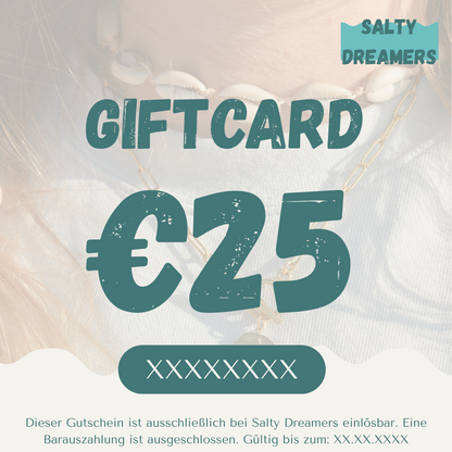 Gift card with €25 value and 'Salty Dreamers' branding on a textured background.