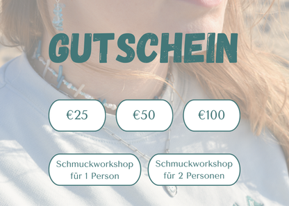 The Gift Card Salty Dreamers by Salty Dreamers offers €25, €50, or €100 options and jewelry workshops for 1 or 2. Features a close-up of a woman with ocean-inspired accessories and German text—perfect for ocean lovers.